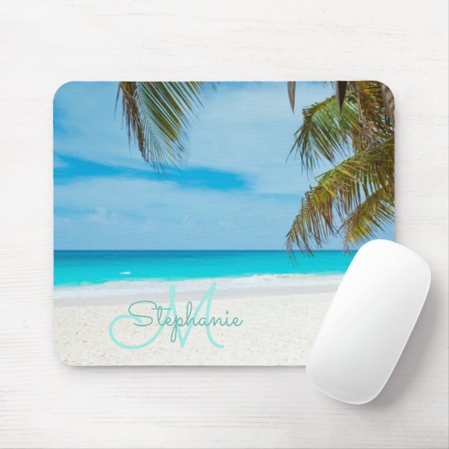 Tropical Sandy Beach Turquoise Monogram Text Palm Mouse Mat (With Mouse)