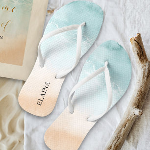 Tropical Sandy Ocean Beach Watercolor Personalised Flip Flops