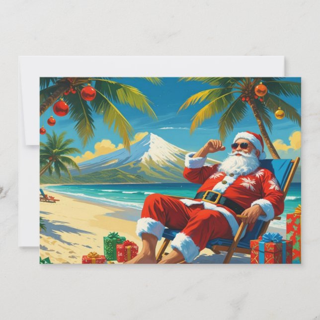 Tropical Santa Beach Christmas Flat Holiday Card (Front)