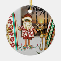 Tropical Santa Christmas Ornament with Surf Board