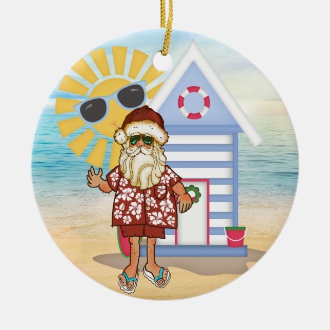 Tropical Santa Christmas Ornament with Surf Board (Front)