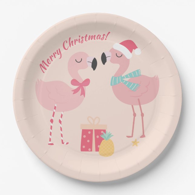 Tropical Santa Flamingo's - Christmas Paper Plate (Front)
