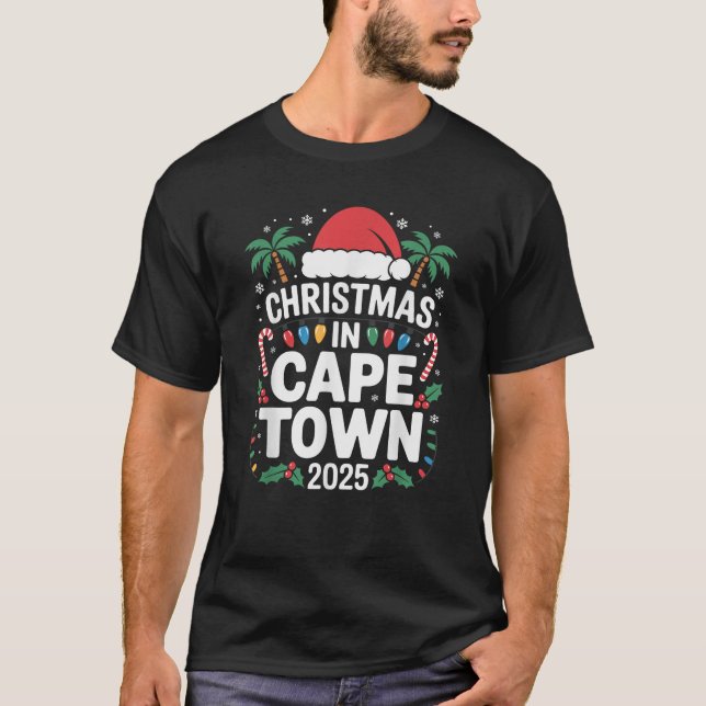 Tropical Santa Hat and Lights Christmas in Cape To T-Shirt (Front)