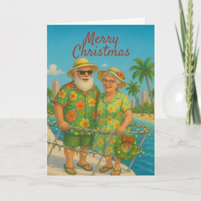 Tropical Santa & Mrs. Claus Christmas Cars Holiday Card (Front)