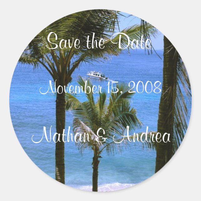 Tropical Save the Date Classic Round Sticker (Front)