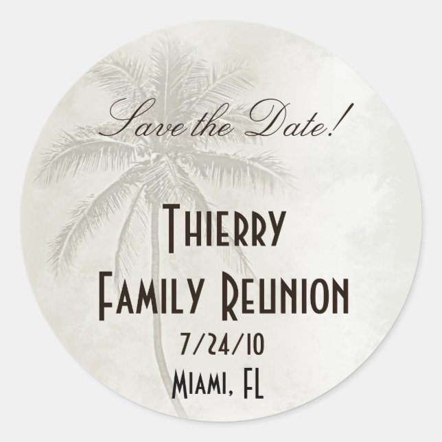 Tropical Save the Date Family Reunion Classic Round Sticker (Front)