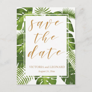 Tropical save the date gold Wedding postcard
