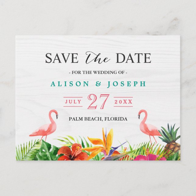 Tropical Save The Date | Hibiscus Floral Flamingo Announcement Postcard (Front)