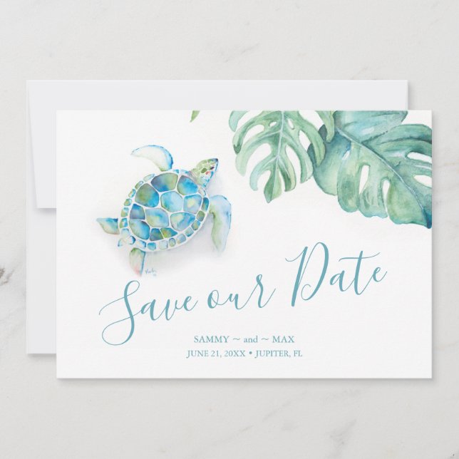 Tropical Save the Date with Watercolor Sea Turtle (Front)