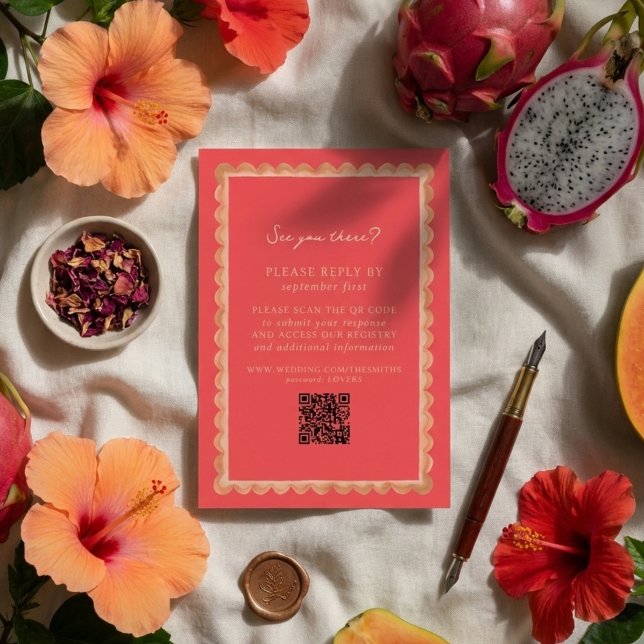 Tropical Scallop Border Pink QR Wedding RSVP Card (Invite guests to your destination wedding day with this Tropical Scallop Border Pink QR RSVP!)
