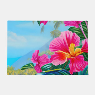 Tropical scene with Hawaiian hibiscus pink flowers Doormat