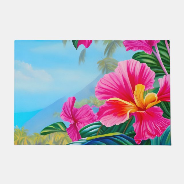 Tropical scene with Hawaiian hibiscus pink flowers Doormat (Front)