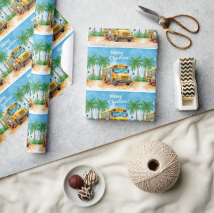Tropical School Bus Christmas with Santa  Wrapping Paper