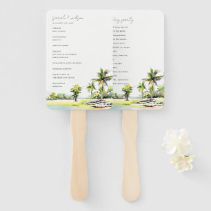 Tropical Script Coastal Palm Trees Wedding Program Hand Fan