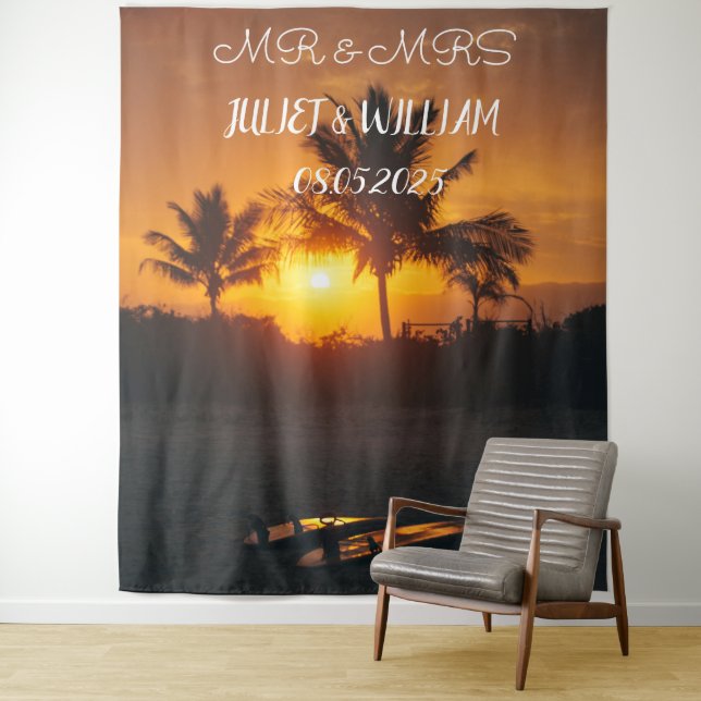 Tropical Script Mr & Mrs Wedding Backdrop banner Tapestry (In Situ)