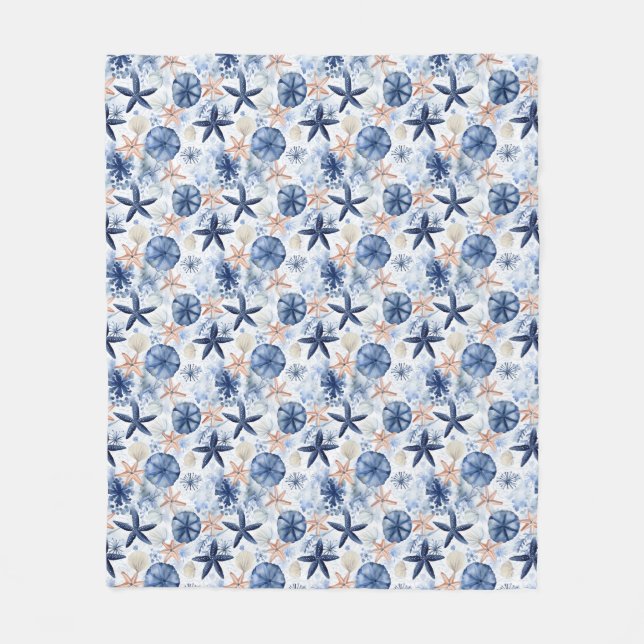 Tropical sea blue white Watercolor pattern Fleece Blanket (Front)