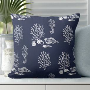 Tropical Sea Horse Shell Navy Blue White Cushion