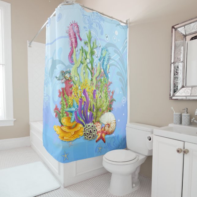 Tropical Sea Life Blue Shower Curtain (In Situ)