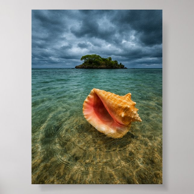 Tropical Sea Shell and Island View Poster (Front)