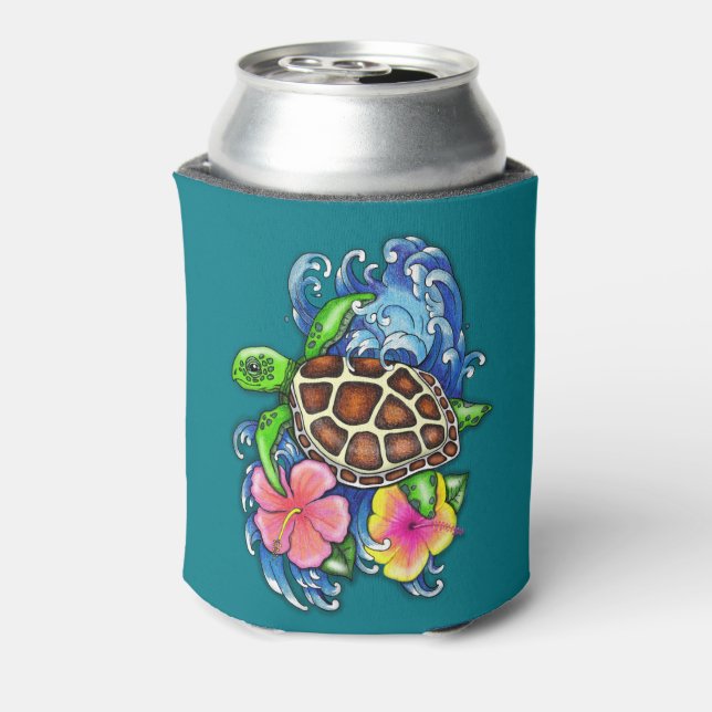 Tropical Sea Turtle and Hibiscus Can Cooler (Can Back)