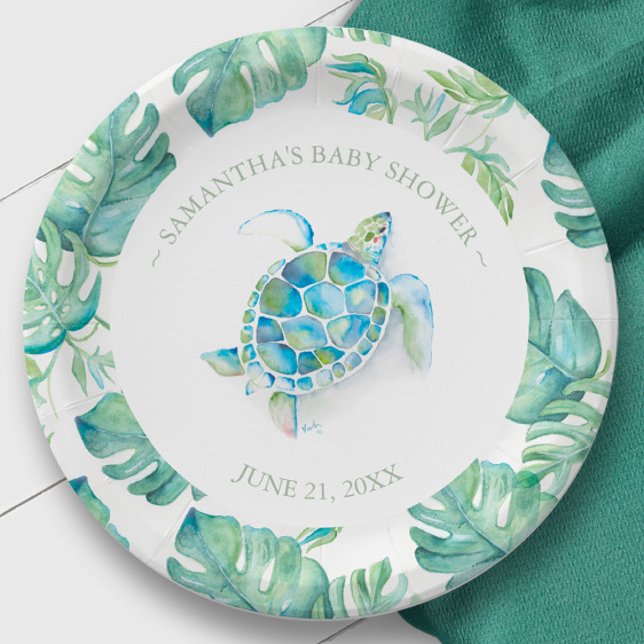 Tropical Sea Turtle Baby Shower Personalised Paper Plate (paper plates sea turtle custom watercolor art by Victoria Grigaliunas)