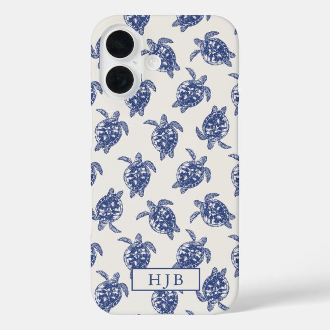 Tropical Sea Turtle Blue Sketch Monogram iPhone 16 Case-Mate iPhone Case (Back)