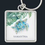 Tropical Sea Turtle Customisable Keychains<br><div class="desc">Add a splash of tropical charm with these customisable keychains, featuring your custom monogram name in navy blue and a vibrant top border of watercolor sea turtle and monstera palm leaves by Victoria Grigaliunas. Perfect for gifts for her, these template keychains are a stylish accessory for any beach or tropical...</div>