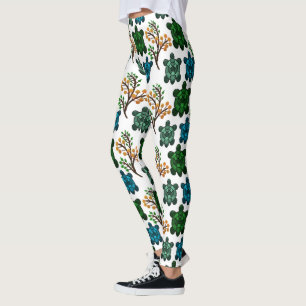 Tropical Sea Turtle Floral Pattern Coastal Ocean Leggings
