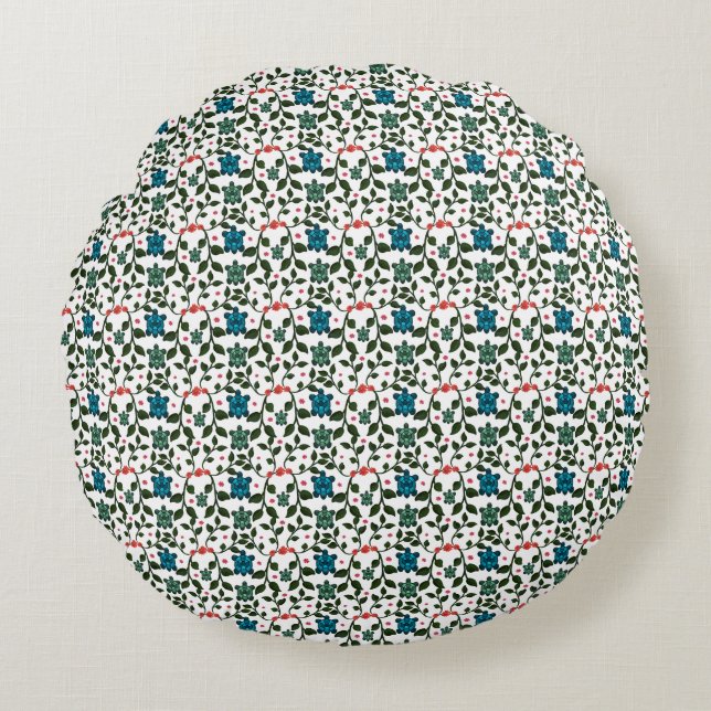Tropical Sea Turtle Floral Pattern | Coastal Ocean Round Cushion (Front)
