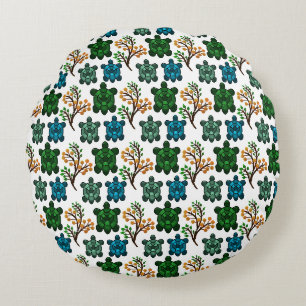 Tropical Sea Turtle Floral Pattern Coastal Ocean Round Cushion