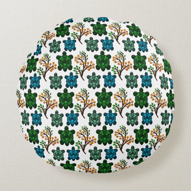 Tropical Sea Turtle Floral Pattern | Coastal Ocean Round Cushion (Front)