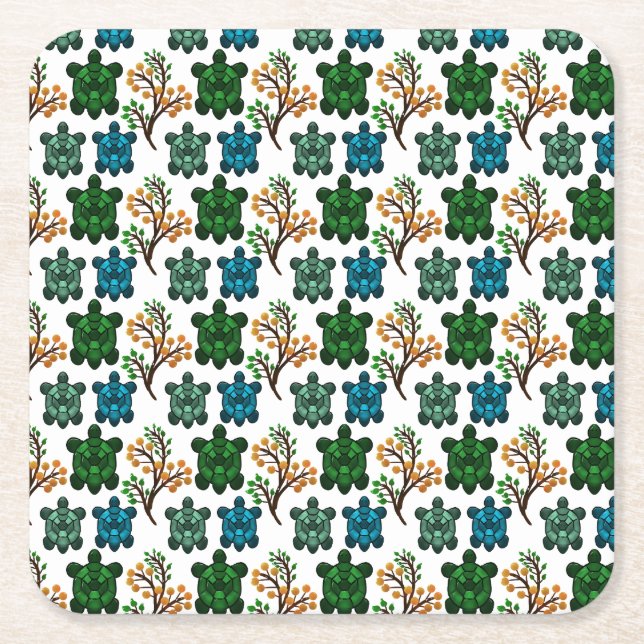 Tropical Sea Turtle Floral Pattern | Coastal Ocean Square Paper Coaster (Front)