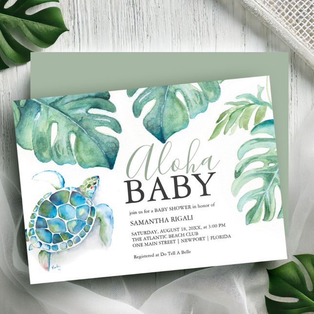 Tropical Sea Turtle Monstera Leaves Baby Shower Invitation (Tropical baby shower theme watercolor sea turtle & palm leaf art Victoria Griglaiunas DoTellABelle)