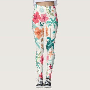 Tropical Sea Turtle Pattern   Hibiscus Palm Tree & Leggings
