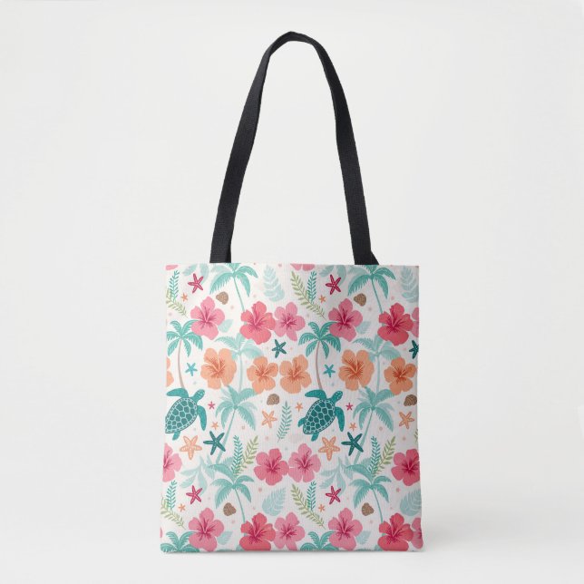 Tropical Sea Turtle Pattern | Hibiscus Palm Tree & Tote Bag (Front)