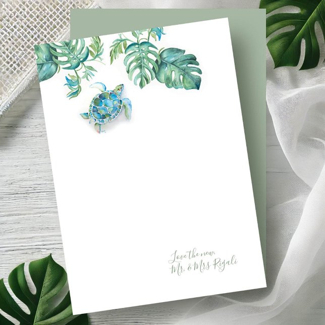 Tropical Sea Turtle Wedding Thank You Cards (Tropical notecards watercolor sea turtle and palm leaf art by Victoria Grigaliunas, Do Tell A Belle)