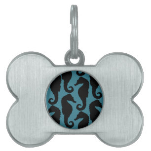 Tropical Seahorse Silhouettes - Black Blue Pet Tag
