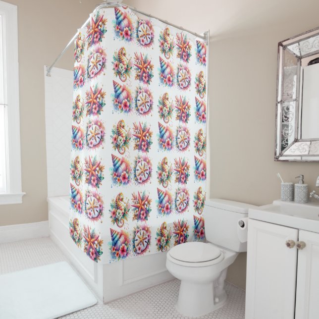 Tropical Seahorse, Starfish, Seashell Coastal Shower Curtain (In Situ)