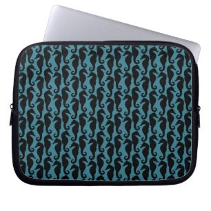Tropical Seahorses, Seahorse Pattern - Blue Black Laptop Sleeve