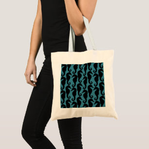 Tropical Seahorses, Seahorse Pattern - Blue Black Tote Bag