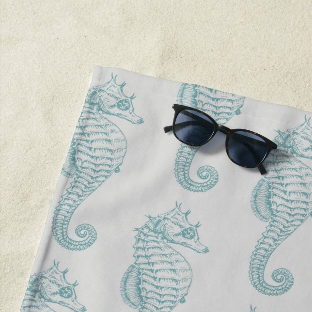 Tropical Seahorses, Seahorse Pattern - Blue Grey Beach Towel (In Situ)