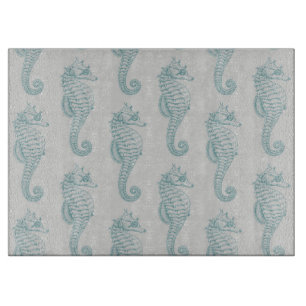 Tropical Seahorses, Seahorse Pattern - Blue Grey Cutting Board