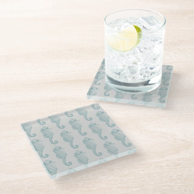 Tropical Seahorses, Seahorse Pattern - Blue Grey Glass Coaster (Angled)