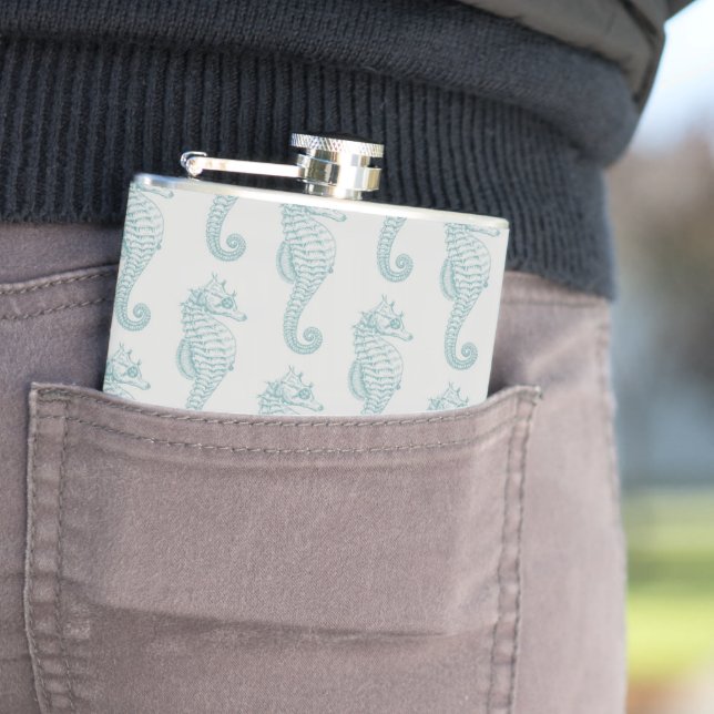 Tropical Seahorses, Seahorse Pattern - Blue Grey Hip Flask (In Situ)