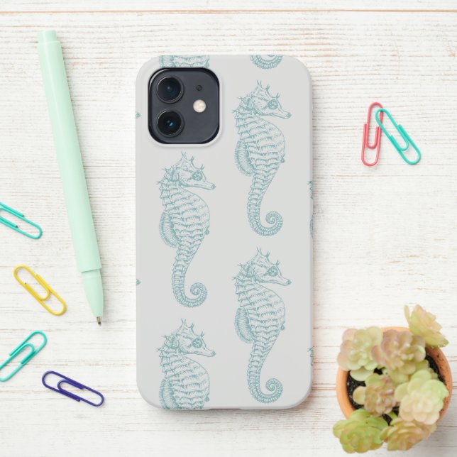 Tropical Seahorses, Seahorse Pattern - Blue Grey iPhone Case (On Desk)