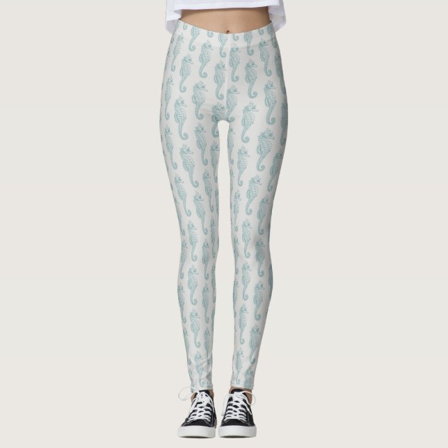 Tropical Seahorses, Seahorse Pattern - Blue Grey Leggings (Front)