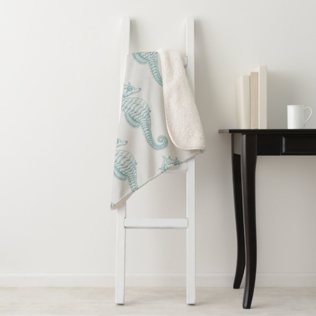 Tropical Seahorses, Seahorse Pattern - Blue Grey Sherpa Blanket (In Situ)
