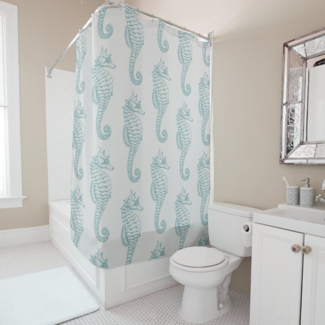 Tropical Seahorses, Seahorse Pattern - Blue Grey Shower Curtain (In Situ)