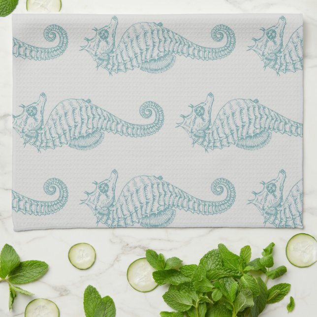 Tropical Seahorses, Seahorse Pattern - Blue Grey Tea Towel (Folded)