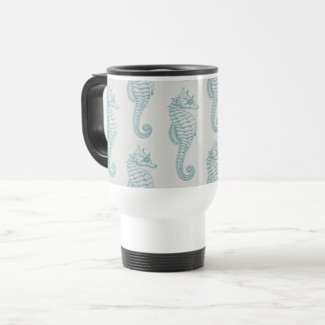 Tropical Seahorses, Seahorse Pattern - Blue Grey Travel Mug (Front Left)
